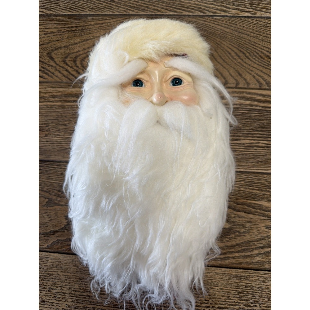 Vintage Santa Claus Head Wall Hanging Decoration With Fluffy Beard & Red Hat